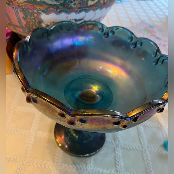 Vintage Indiana Glass Iridescent Blue Carnival Glass Compote/ Pedestal Bowl - Picture 2 of 2